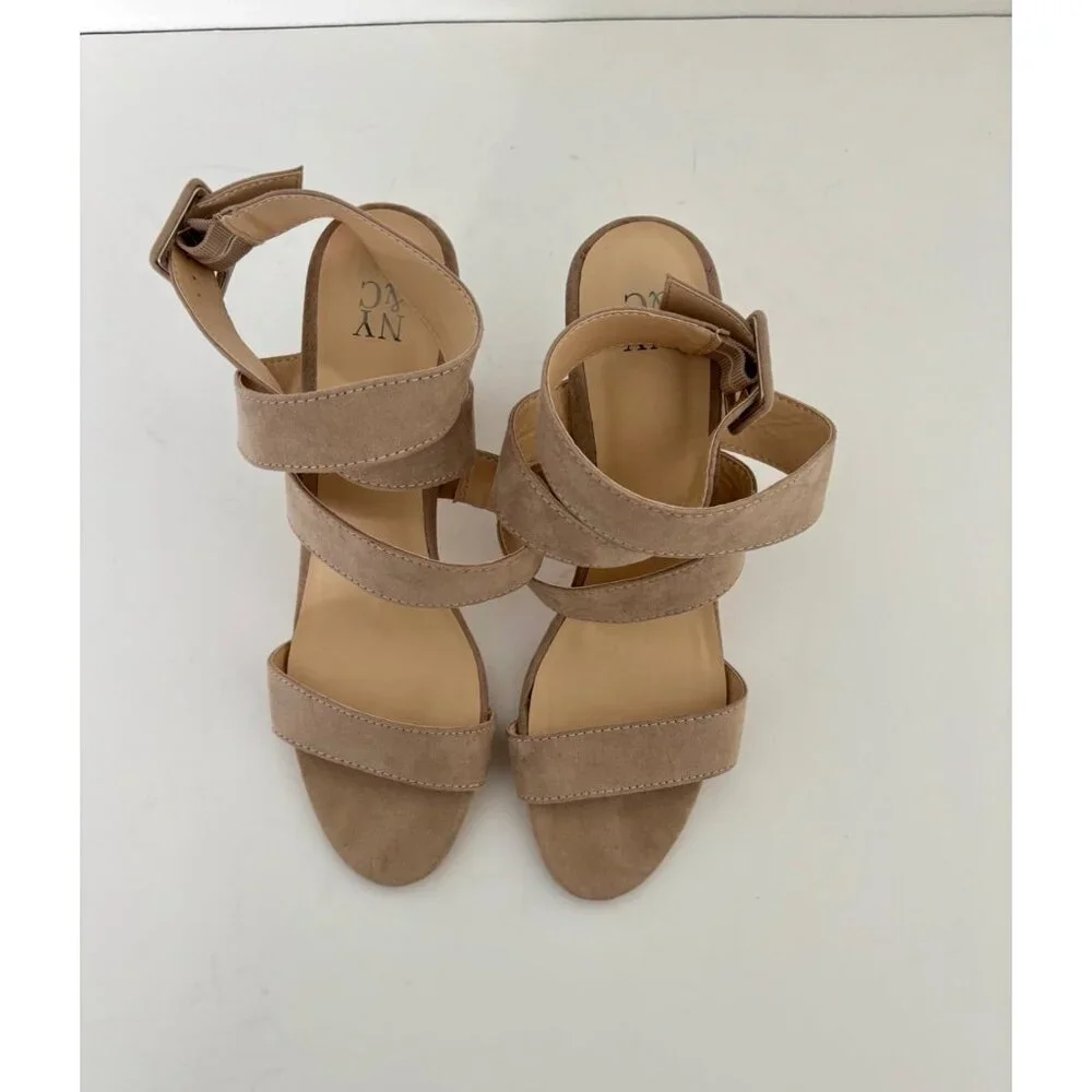 Taupe Faux Suede Sandals 10 Strappy Block Heel Ankle Wrap Quiet Luxury Boho Glam - Picture 4 of 14